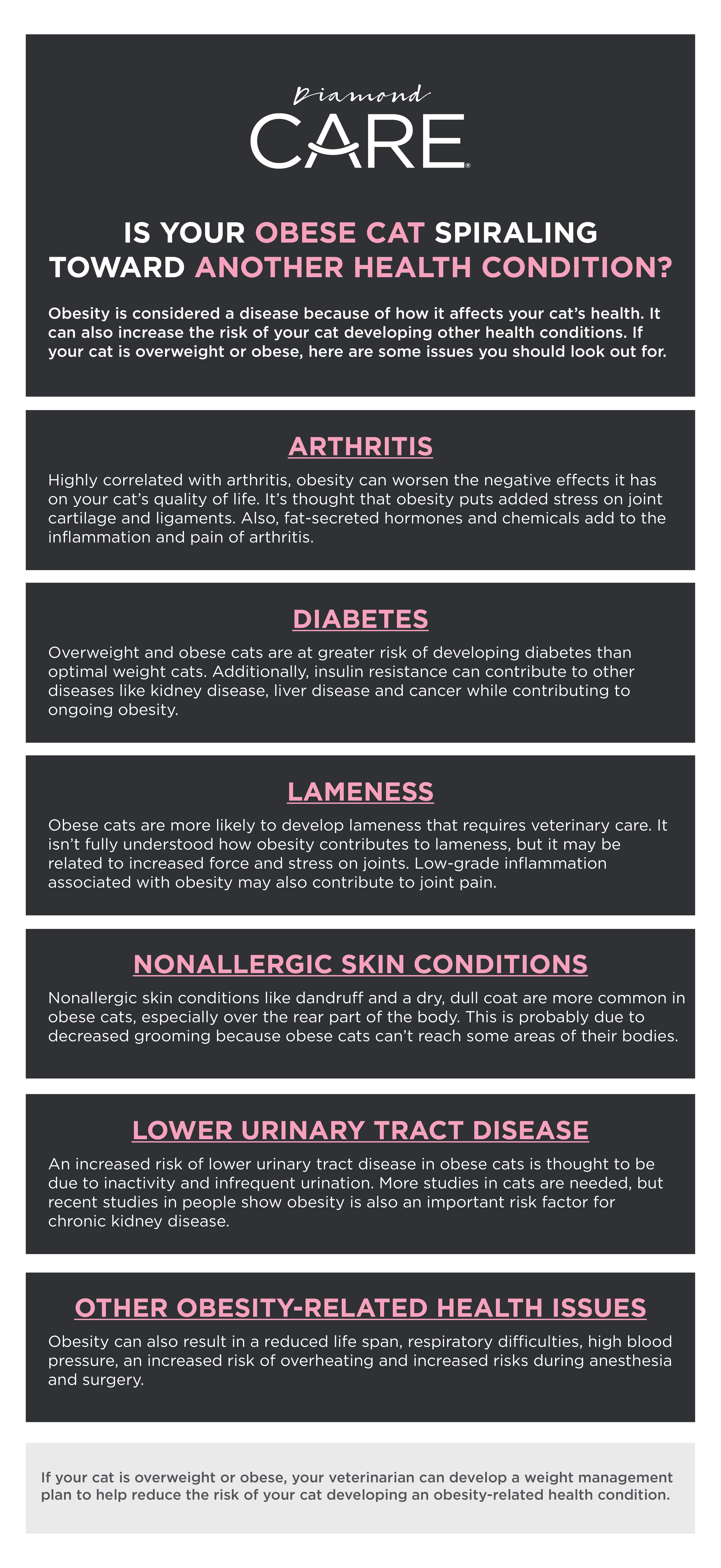 An interior graphic detailing how obesity can lead to other serious health conditions in cats, including arthritis, diabetes, lameness, nonallergic skin conditions, lower urinary tract disease and other obesity-related health issues.