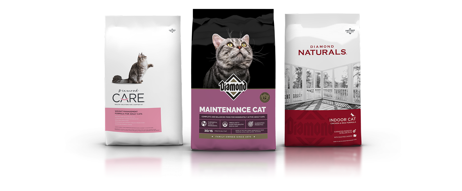 Three different bags of Diamond Pet Foods cat food formulas lined up side by side.